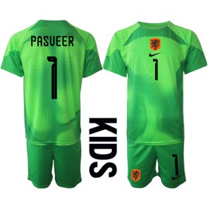 Holandia Remko Pasveer #1 Bramkarskie Koszulka Podstawowych Dziecięca MŚ 2022 Krótki Rękaw (+ Krótkie spodenki)